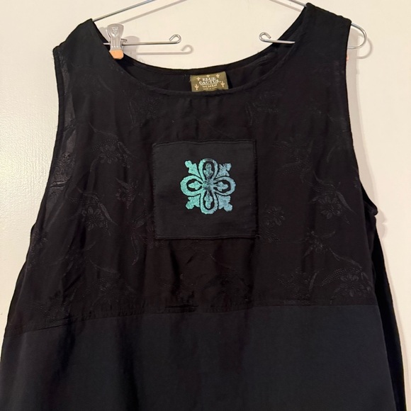 Vintage Blue Cactus Maxi Dress in Black 1X Sleeveless Boho Artwear Double Slit - Picture 2 of 16